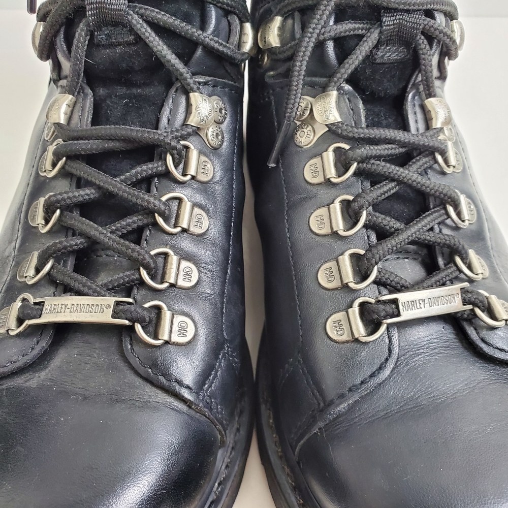 Harley Davidson Classic Black Leather Metal Logo Lace Up Motorcycle Boots - Picture 3 of 9